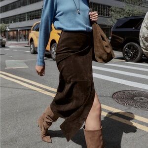 Zara Dark Brown suede Leather midi skirt